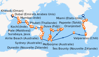 Itinéraire de la croisière Un Monde Infini 108 nuits