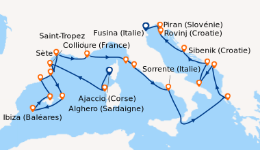 Itinéraire de la croisière En mer, Ajaccio (Corse), Alghero (Sardaigne),...