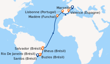 Itinéraire de la croisière Marseille, Valence (Espagne), En mer, Lisbonn...