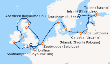 Itinéraire de la croisière Stockholm (Suède), Helsinki (Finlande), Talli...