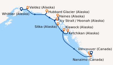 Itinéraire de la croisière Whittier (Alaska), Valdez (Alaska), Hubbard G...