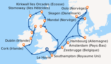 Itinéraire de la croisière Southampton (Royaume Uni) , Le Havre, Zeebrug...