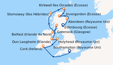 Itinéraire de la croisière Southampton (Royaume Uni) , En mer, Cork (Ire...