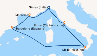 Itinéraire de la croisière Gênes (Italie), Rome (Civitavecchia), Sicile ...