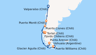 Itinéraire de la croisière Puerto Williams (Chili), Ushuaia (Argentine),...