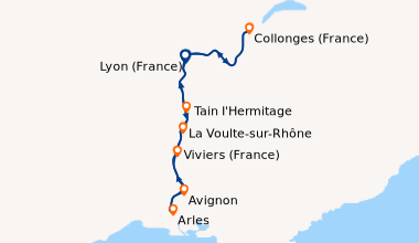 Itinéraire de la croisière Escales incontournables du Rhône entre Lyon, la Camargue et la Provence avec un dîner OFFERT à l'Abbaye de Collonges - Paul Bocuse (LMY_INVPP2)