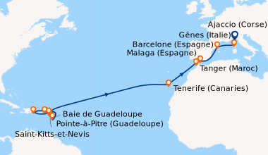 Itinéraire de la croisière Antilles, Iles Vierges, Rép.Dominicaine, Canaries, Maroc, Espagne, France, Italie