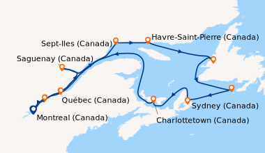 Itinéraire de la croisière Montreal (Canada), Québec (Canada), Saguenay ...