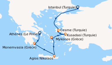 Itinéraire de la croisière Athènes (Le Pirée), Monemvasia (Grèce), Agios...