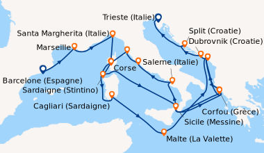 Itinéraire de la croisière Barcelone (Espagne), Marseille, Corse, Santa ...