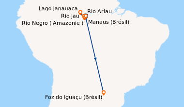 Itinéraire de la croisière Au fil de l'Amazone et du Rio Negro - Croisière confidentielle au coeur d'une nature secrète et préservée - Et séjour d'exception aux chutes d'Iguaçu (formule port/port) (MAO_IGUPP)