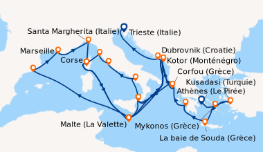 Itinéraire de la croisière Athènes (Le Pirée), Mykonos (Grèce), Kusadasi...