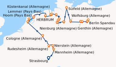 Itinéraire de la croisière De Strasbourg à Berlin : le Rhin romantique, la Hollande et l'Elbe en croisière (formule port/port) (HCA_PP)