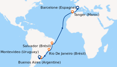 Itinéraire de la croisière Barcelone (Espagne), En mer, Tanger (Maroc), ...