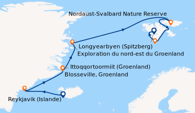 Itinéraire de la croisière Au cœur des glaces de l'Arctique, du Groenland au Svalbard