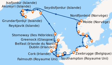 Itinéraire de la croisière Southampton (Royaume Uni) , Falmouth (Royaume...