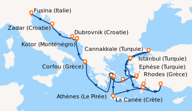 Itinéraire de la croisière Athènes (Le Pirée), Milos (Grèce), La Canée (...