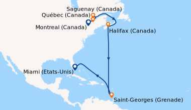 Itinéraire de la croisière Montreal (Canada), Québec (Canada), Saguenay ...