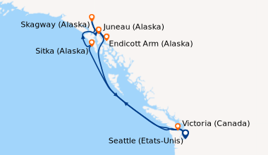 Itinéraire de la croisière Seattle (Etats-Unis), En mer, Sitka (Alaska),...