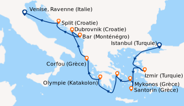 Itinéraire de la croisière Istanbul (Turquie), Kusadasi (Turquie), Santo...