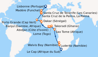 Itinéraire de la croisière Lisbonne (Portugal), En mer, Madère (Funchal)...