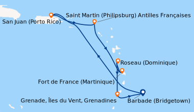 Itinéraire de la croisière Barbade (Bridgetown), En mer, San Juan (Porto...