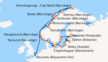 Itinéraire de la croisière Douvres (Royaume-Uni), En mer, En mer, Trondh...