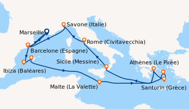 Itinéraire de la croisière France, Espagne, Baléares, Malte, Grèce, Italie