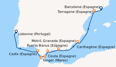 Itinéraire de la croisière Lisbonne (Portugal), En mer, Cadix (Espagne),...
