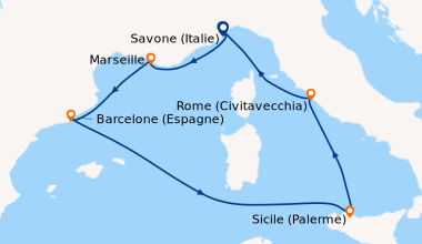Itinéraire de la croisière Italie, France, Espagne