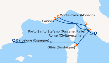 Itinéraire de la croisière Barcelone (Espagne), En mer, Olbia (Sardaigne...