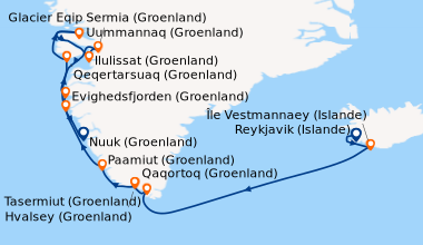 Itinéraire de la croisière Reykjavik (Islande), Île Vestmannaey (Islande...