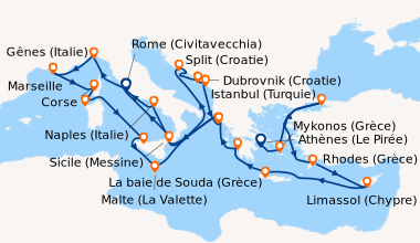 Itinéraire de la croisière Athènes (Le Pirée), Mykonos (Grèce), En mer, ...