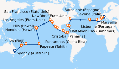 Itinéraire de la croisière Italie, France, Espagne, Portugal, Açores, États-Unis, Floride (USA), Mexique, États-Unis, Hawaii, Polynésie, Fiji, Australie
