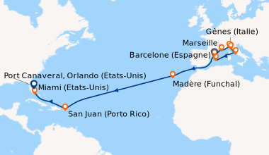 Itinéraire de la croisière Barcelone (Espagne), Cannes, Gênes (Italie), ...