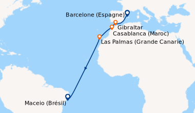 Itinéraire de la croisière Barcelone (Espagne), En mer, Gibraltar , Casa...