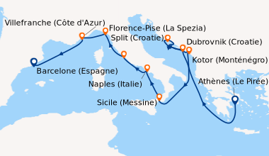 Itinéraire de la croisière Athènes (Le Pirée), En mer, Dubrovnik (Croati...