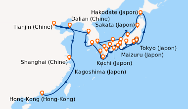 Itinéraire de la croisière Tokyo (Japon), En mer, Hakodate (Japon), Saka...