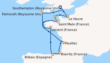 Itinéraire de la croisière Southampton (Royaume Uni) , En mer, La Rochel...