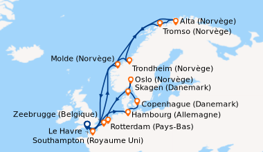 Itinéraire de la croisière Southampton (Royaume Uni) , En mer, Hambourg ...