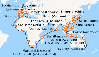 Itinéraire de la croisière Sydney (Australie), En mer, Mooloolaba, Queen...