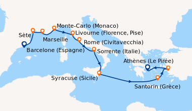 Itinéraire de la croisière Barcelone (Espagne), Sète, Marseille, Monte-C...