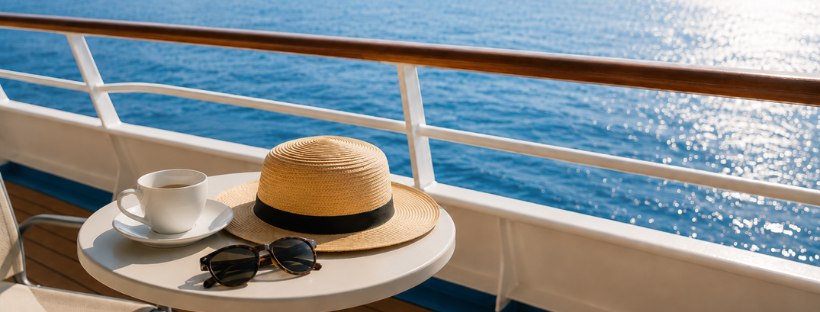 Chapeau, lunettes de soleil et tasse de café sur une table du pont d’un bateau de croisière face à la mer