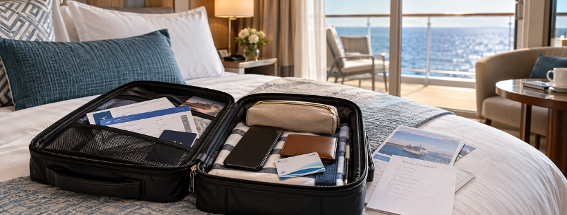 Documents de voyage et effets personnels préparés dans une cabine de croisière