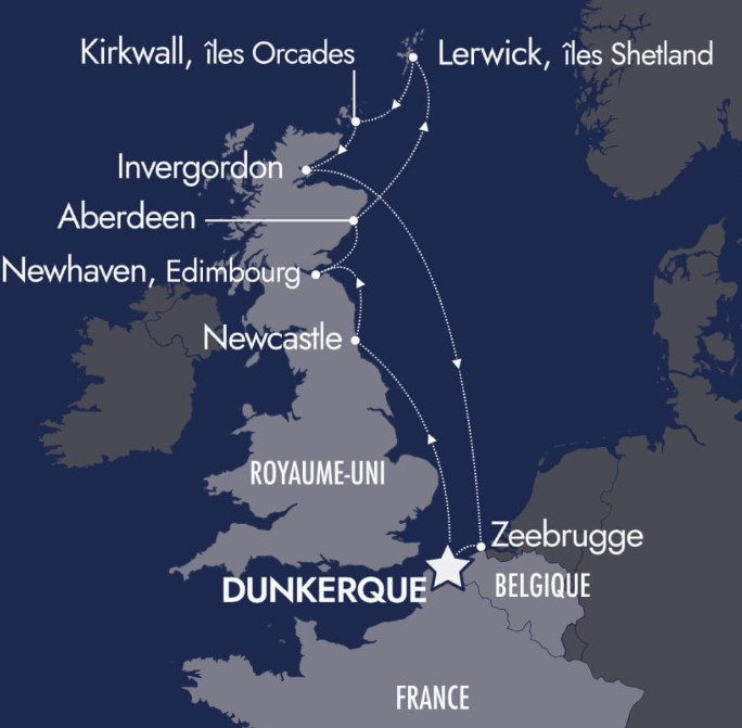 Carte de l'itin&eacute;raire de la croisi&egrave;re CFC en Ecosse du 16 au 26 avril 2026