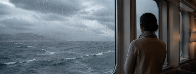 assagère regardant la mer agitée depuis la fenêtre d’un navire de croisière
