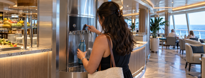 Passagère remplissant une gourde à un distributeur d’eau sur le navire