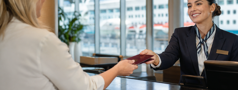 Passagère remettant son passeport à une employée au comptoir d’embarquement d’une croisière