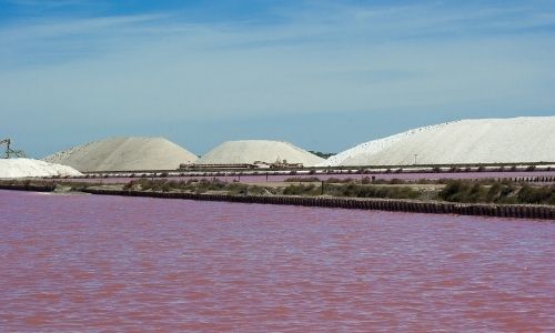 sel de Aigues-Mortes rose, étendus sur toute la photo avec des dunes de sables blanches au loin. 
