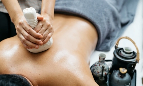Personne de dos se faisant masser avec technique Tha&iuml;